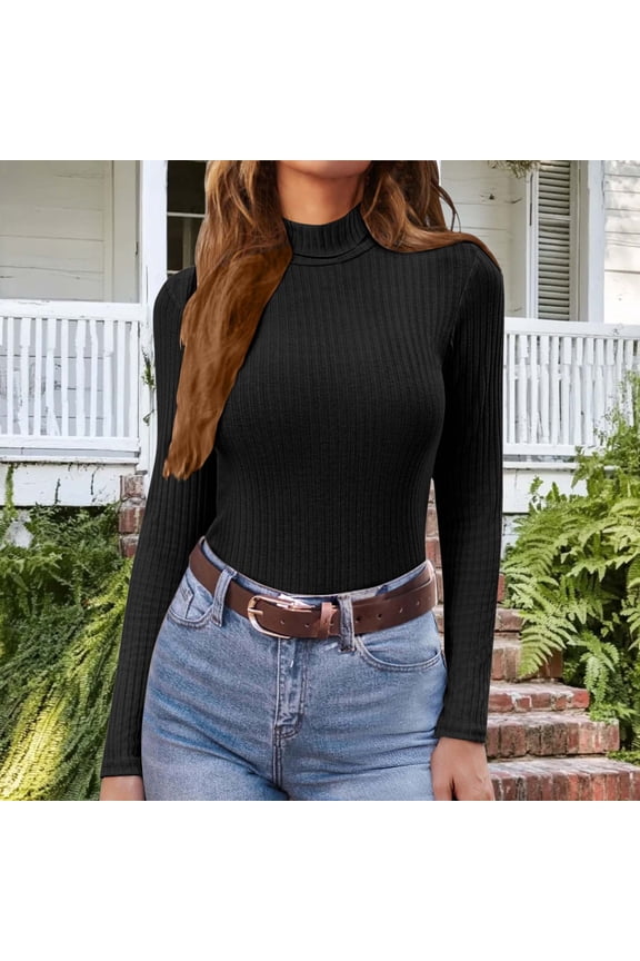 T Shirts for Women Fall Black Ribbed Long Sleeve Tops Loose Fit Mock Neck Pullover Womens Classic T-Shirt