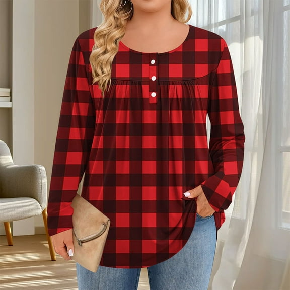 QUNYINEY T Shirts for Women Plaid Long Sleeve Pleated Plus Size Tops Loose Fit Crew Neck Button Pullover Womens Graphic Tees