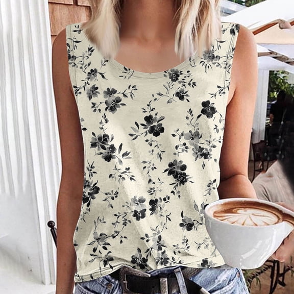 QUNYINEY Tank Tops for Women 2025 Crew Neck Sleeveless Casual Floral Tops Loose Summer Vacation Tank Tops