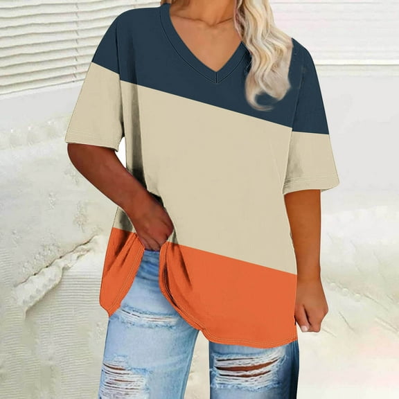 QUNYINEY Tee Shirts Womens Casual V Neck Short Sleeve Colorblock Tops Summer Plus Size Loose Pullover Women Tops