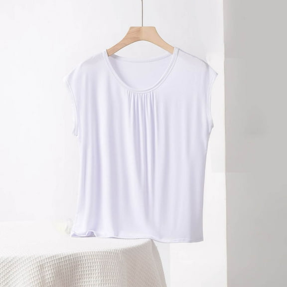 QUNYINEY Tee Shirts Womens Crew Neck Solid Sleeveless Casual Tops Loose Pullover Soft Pleated Shirts