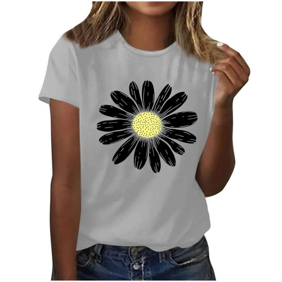 QUNYINEY Tee Shirts Womens Floral Short Sleeve Casual Crew Neck Tops Loose Pullover Going Out Shirts