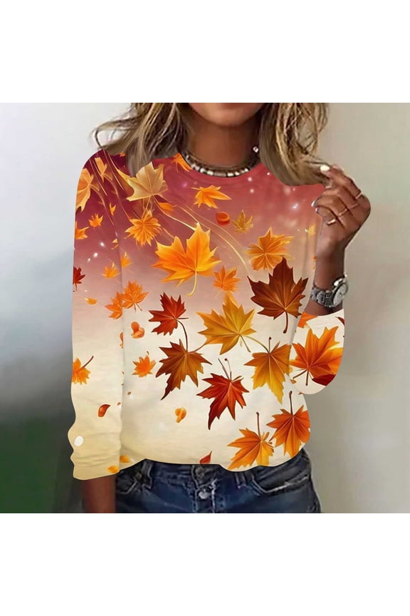 Thanksgiving Day Women Tshirts Long Sleeve Maple Leaf Crew Neck Tops Loose Fit Pullover Graphic Tees