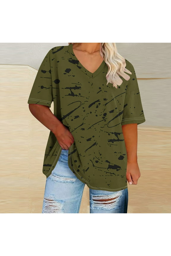 Tie Dye Shirts for Women V Neck Casual Pullover Short Sleeve Tops Plus Size Loose Summer Tops for Women