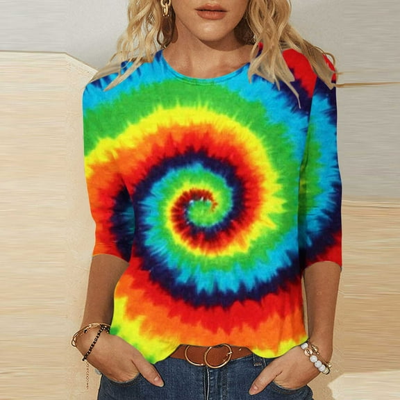QUNYINEY Tie Dye Tshirts Shirts for Women 3/4 Sleeve Yellow Crew Neck Casual Tops Pullover Loose Drop Shoulder T-Shirts