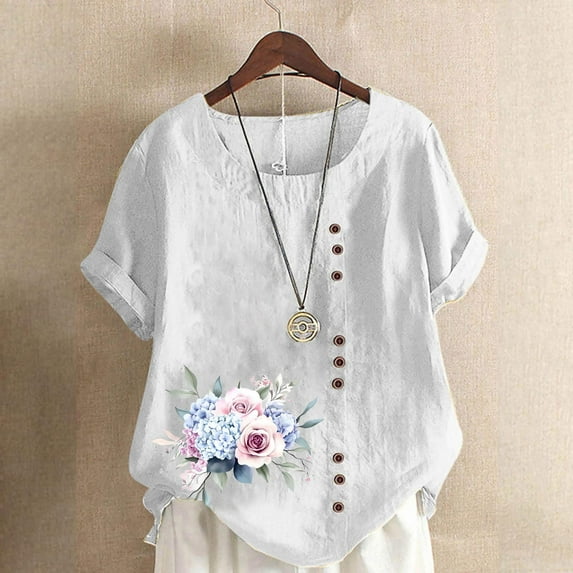 QUNYINEY Tops for Women Casual Floral Short Sleeve Crew Neck Shirts Button Loose Linen Pullover Tops
