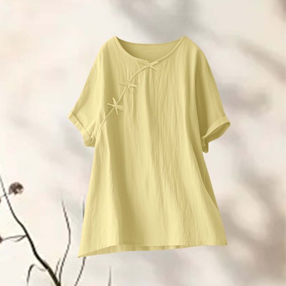 QUNYINEY Tops for Women Crew Neck Short Sleeve Casual Solid Blouses Pullover Loose Cotton Linen Bow Tops