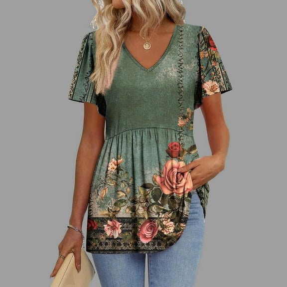 QUNYINEY Tops for Women Floral V Neck Casual Short Sleeve Shirts Peplum Loose Tops