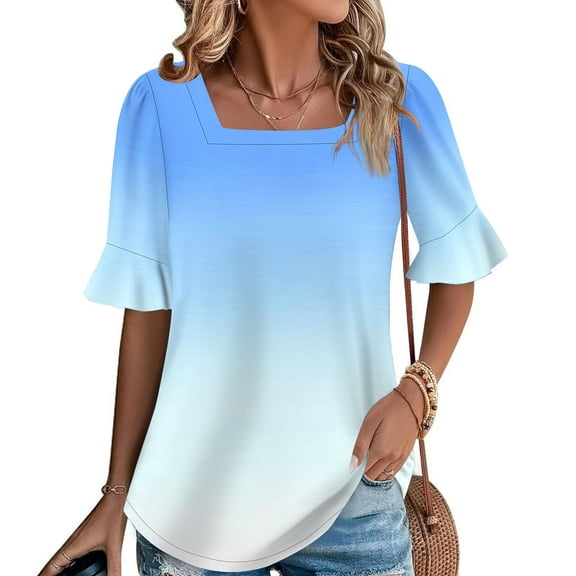 QUNYINEY Tops for Women Gradient Square Neck Short Sleeve Casual Shirts Loose Summer Pullover Womens Shirts