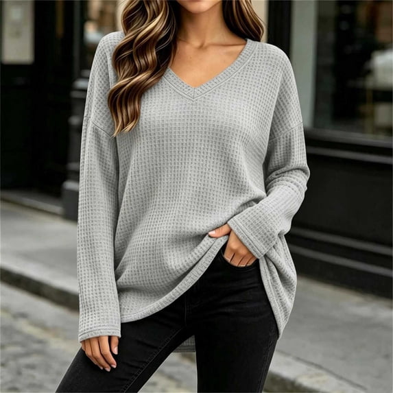 QUNYINEY Tops for Women Plus Size Long Sleeve Casual Waffle Shirts Solid Pullover Fall V Neck Loose Fit Women Blouses S-5XL