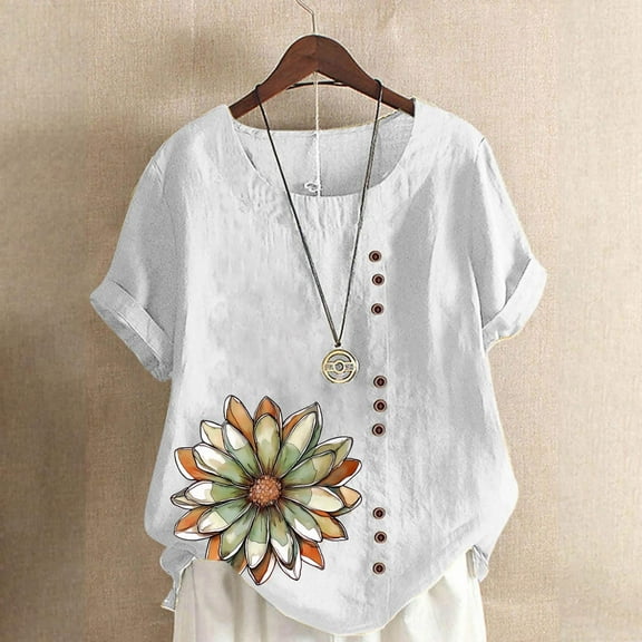 QUNYINEY Tops for Women Short Sleeve Floral Crew Neck Casual Shirts Pullover Loose Button Linen Tops