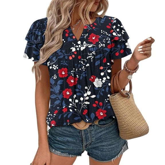 QUNYINEY Tops for Women Trendy Casual Floral V Neck Ruffle Short Sleeve Shirts Pleated Pullover Loose Tops