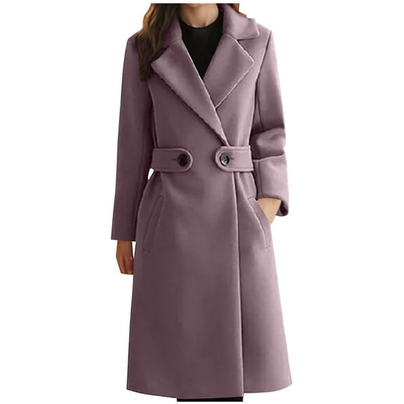 QUNYINEY Trench Coat Women Purple Fleece Outerwear Button Warm Long Sleeve Loose Fit Turndown Collar Womens Jackets