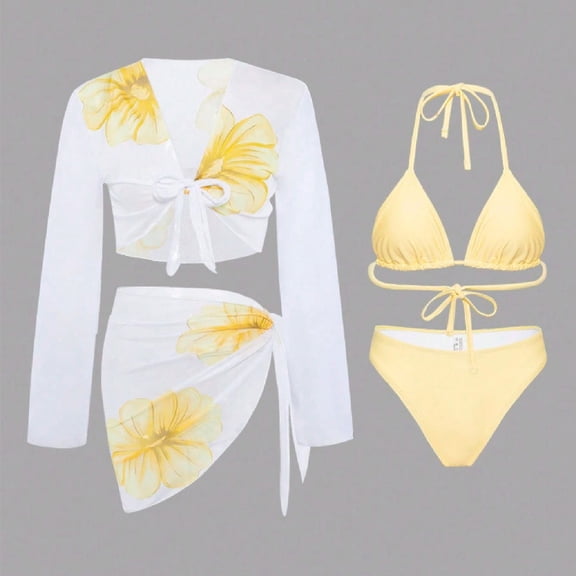 QUNYINEY Triangle Womens Bikini Set String 4 Piece High Waisted Floral Bathing Suit with Skirt Swimsuits for Women