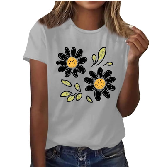 QUNYINEY Tshirts Shirts for Women Casual Floral Short Sleeve Crew Neck Tops Pullover Going Out Loose Shirts