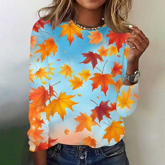 QUNYINEY Tshirts for Women Maple Leaf Long Sleeve Thanksgiving Day Crewneck Tops Loose Fit Pullover Graphic Tees
