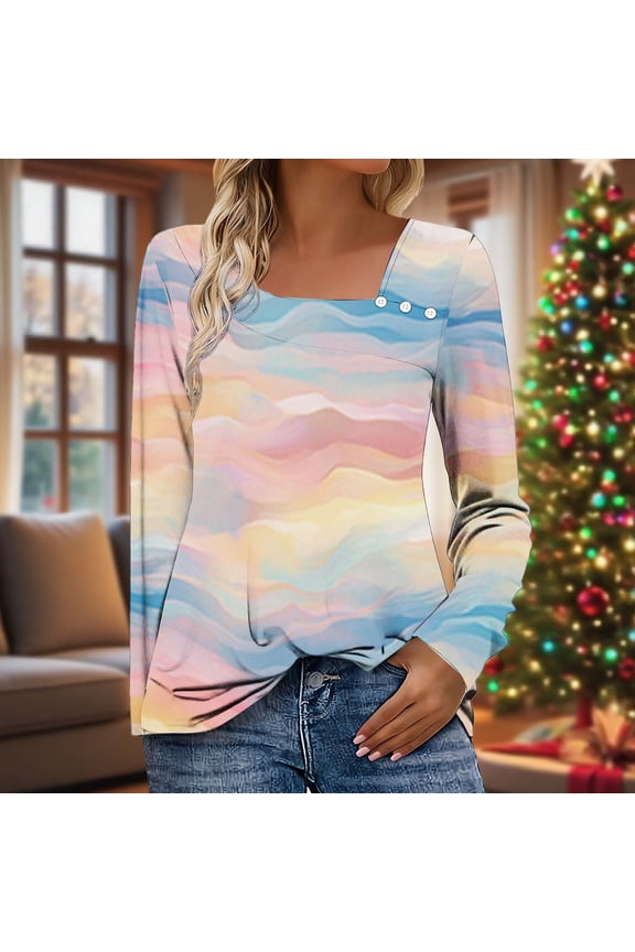 Tshirts for Women V Neck Tie Dye Plus Size Long Sleeve Button Tops Loose Fit Pullover Womens Graphic Tees