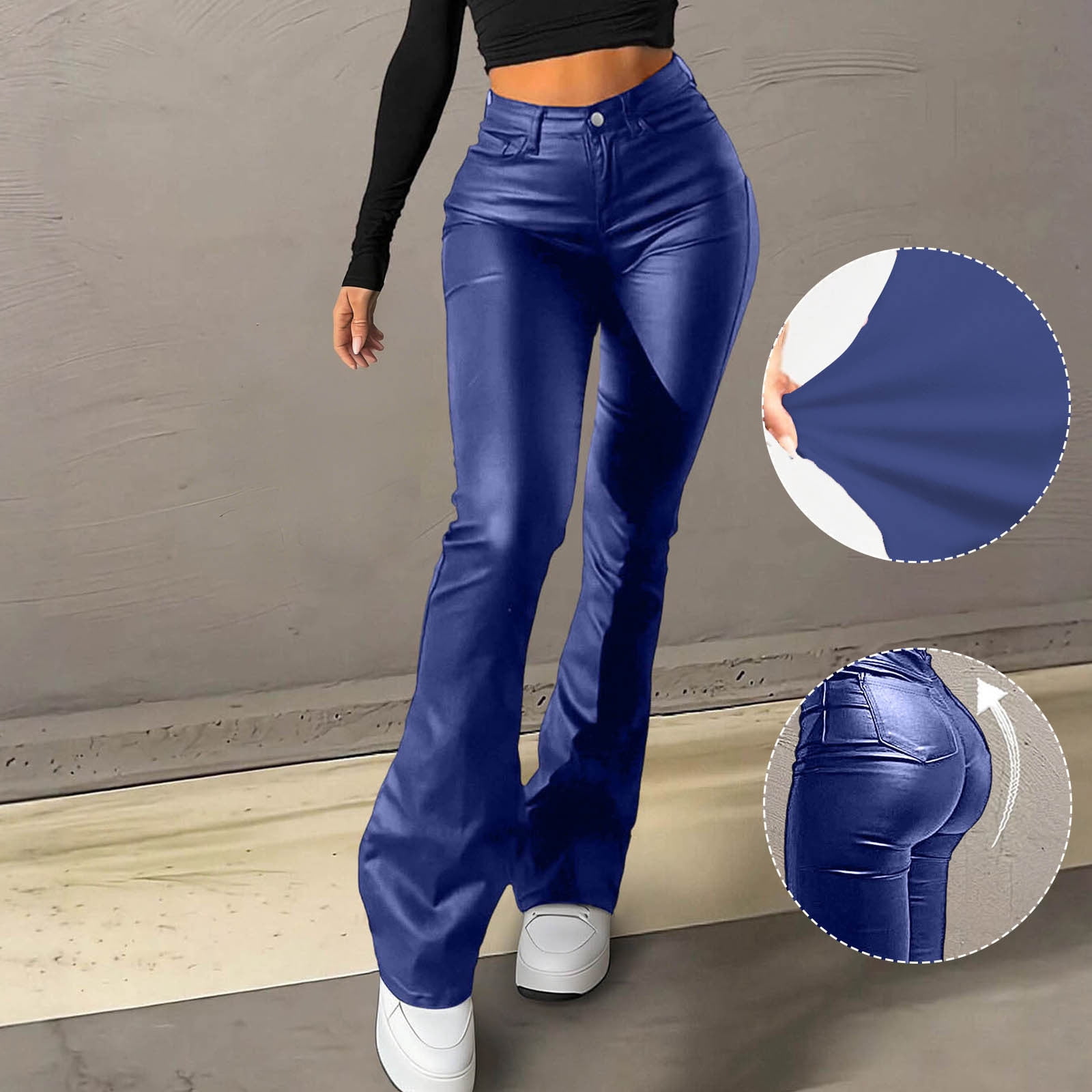 QUNYINEY Tummy Control Compression Leggings for Women Blue Casual Faux Leather Jegging Flare Skinny with Pockets Leggings