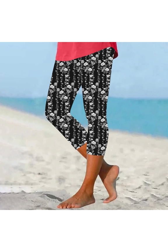 Tummy Control Compression Leggings for Women Floral Capri Athletic Jegging High Waisted Slim Fit Yoga Leggings