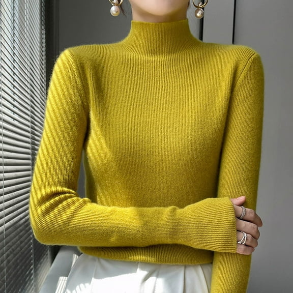 QUNYINEY Turtleneck Winter Sweaters for Women 2024 Yellow Ribbed Knit Solid Pullover Tops Relaxed Fit Casual Long Sleeve Sweaters
