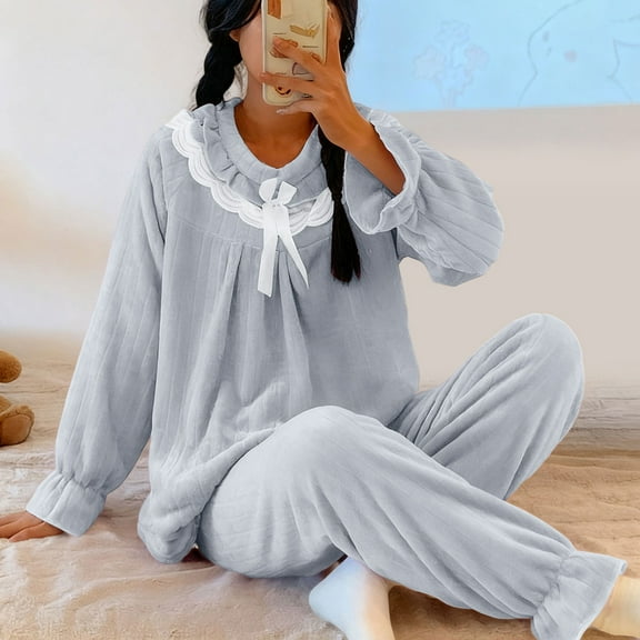 QUNYINEY Two Piece Pajama Set for Women Long Sleeve Blue Flannel Cute Top and Pants Loose Crew Neck Ribbed Soft Women Outfits