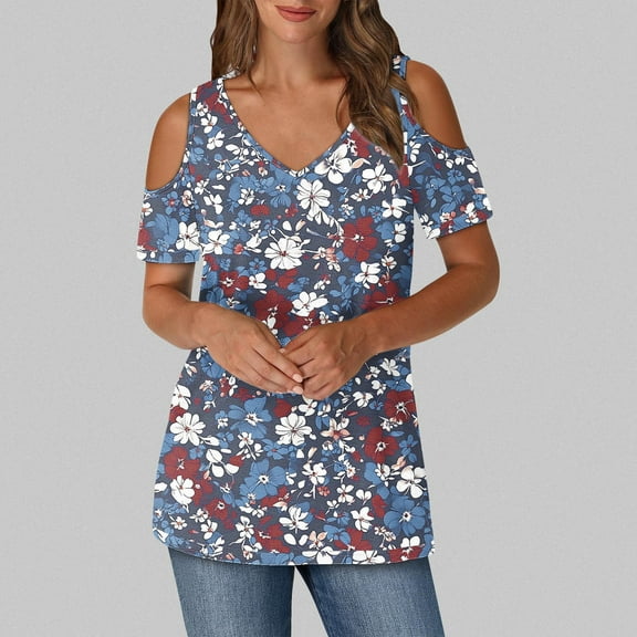 QUNYINEY V Neck Blouses for Women Floral Casual Cold Shoulder Tops Loose Short Sleeve Womens Tops