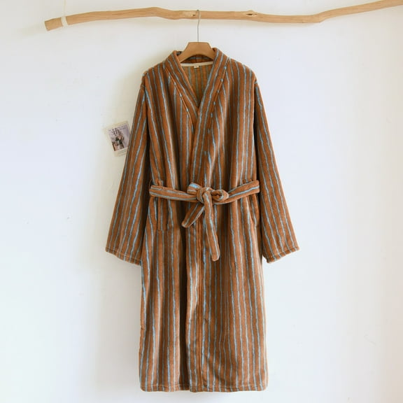 QUNYINEY V Neck Robe for Women Cotton Long Sleeve Striped Soft House Coat Long Loose Fit with Belt Gowns for Women Sleepwear