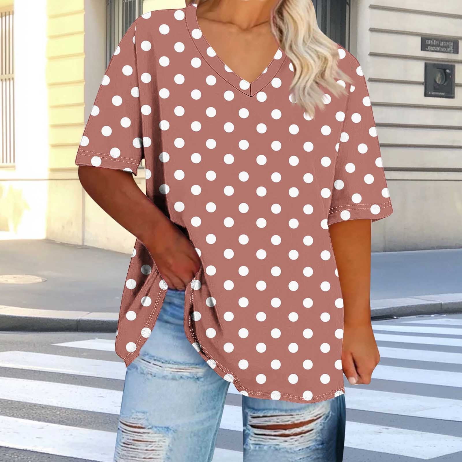 QUNYINEY Polka Dot T Shirts for Women Short Sleeve Casual V Neck
