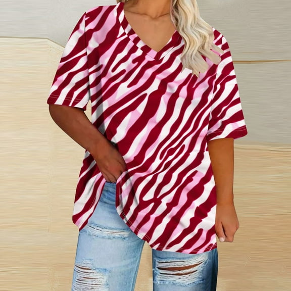 QUNYINEY V Neck Shirts for Women Trendy Striped Casual Short Sleeve Pullover Tops Loose Plus Size Women Tops