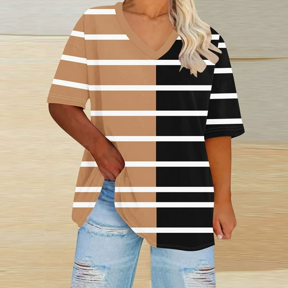 QUNYINEY V Neck Shirts for Women Trendy Striped Short Sleeve Casual Tops Loose Pullover Plus Size Colorblock T-Shirts