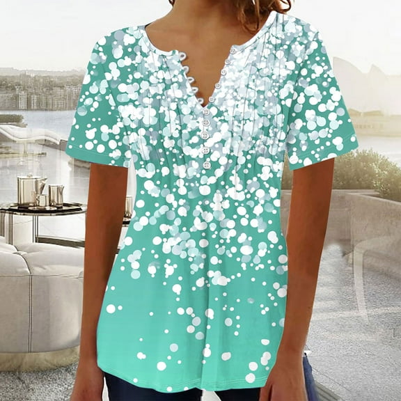 QUNYINEY V Neck Summer Blouses for Women Boho Casual Short Sleeve Tops Pleated Loose Button Pullover Tops for Women