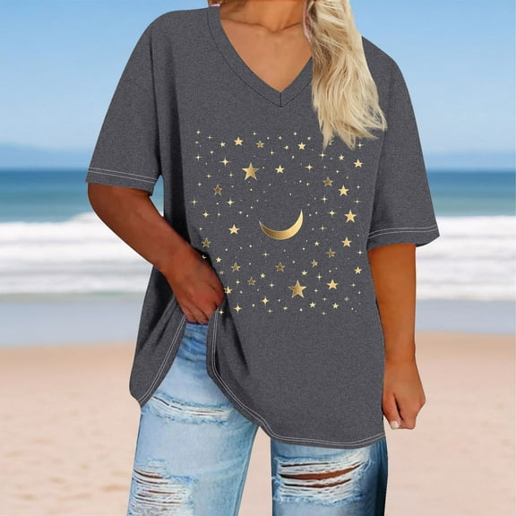 QUNYINEY V Neck Summer Shirts for Women 2025 Short Sleeve Star Casual Tunic Tops Pullover Loose Plus Size Women Tops