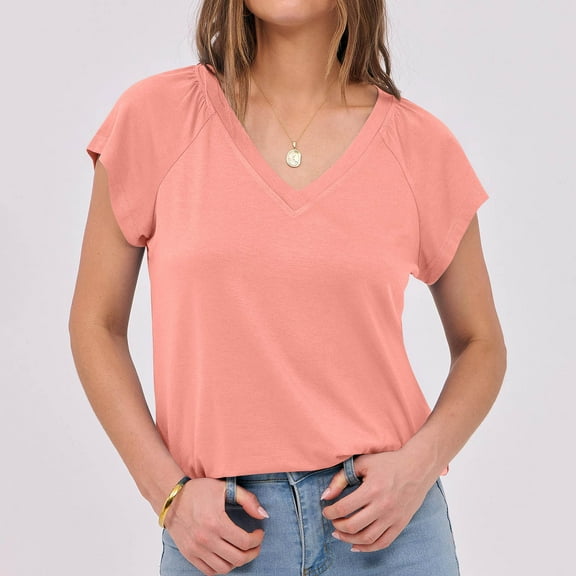 QUNYINEY V Neck Summer Tops for Women 2025 Solid Short Sleeve Casual Shirts Loose Pleated Pullover Tops