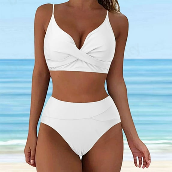 QUNYINEY V Neck Swimsuits Women Spaghetti Straps Bikinis Solid Bathing Suit High Waisted Two Piece Swimsuit Sets