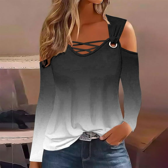 QUNYINEY V-Neck T Shirts for Women Gradient Long Sleeve Casual Black Tops Cold Shoulder Cut Out Loose Pullover T-Shirts