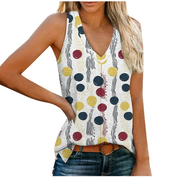 QUNYINEY V Neck Tank Top for Women Casual Camisole Polka Dot Sleeveless Tops Going Out Summer Loose Tank Tops