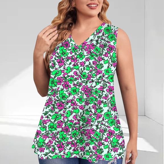 QUNYINEY V Neck Tank Tops for Women 2025 Floral Casual Camisole Sleeveless Tops Summer Loose Plus Size Tank Tops