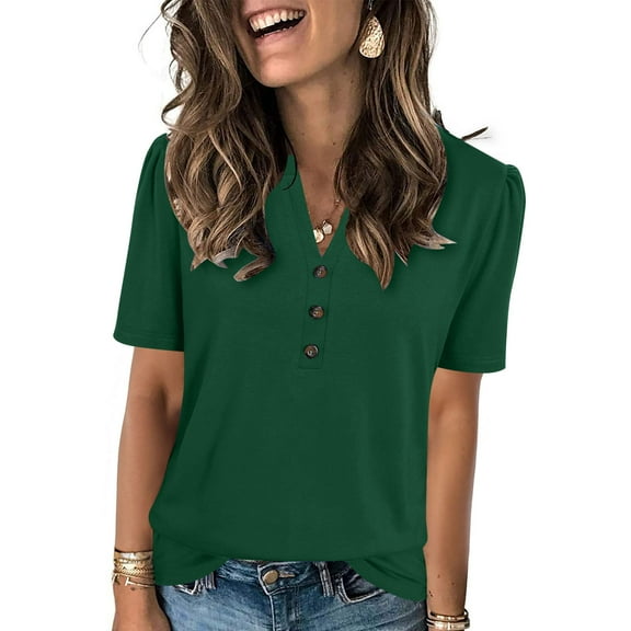 QUNYINEY V Neck Tee Shirts Womens Puff Short Sleeve Pullover Casual Solid Tops Slim Button Tops for Women Trendy