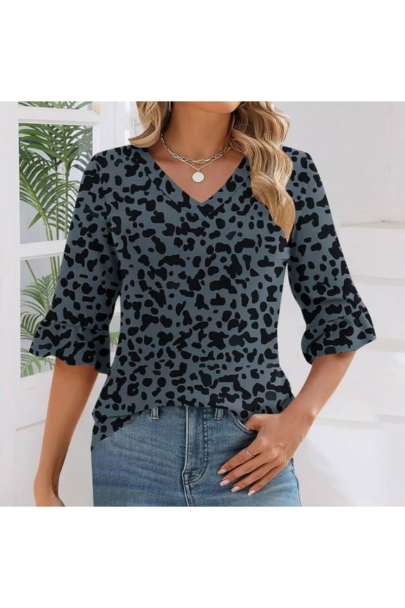 V Neck Tee Shirts Womens Ruffle 3/4 Sleeve Casual Leopard Print Tops Tunic Loose Pullover Shirts Blouse for Women