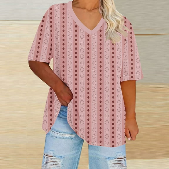 QUNYINEY V Neck Tee Shirts Womens Striped Casual Short Sleeve Tops Loose Plus Size Pullover T-Shirts