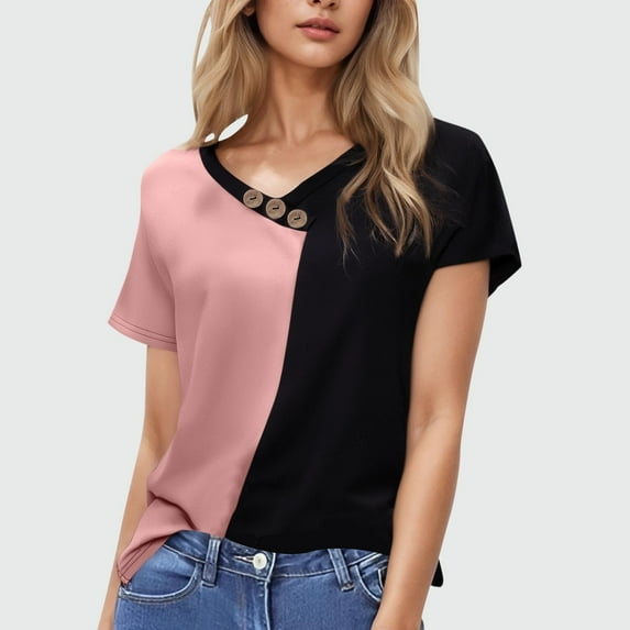 QUNYINEY V Neck Tops for Women Pullover Casual Colorblock Short Sleeve Shirts Loose Button Shirts for Women Trendy