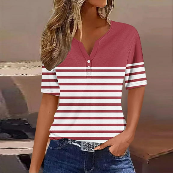 QUNYINEY V Neck Tops for Women Trendy Striped Short Sleeve Red Casual Shirts Button Loose Women's T-Shirts