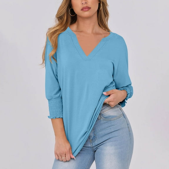 QUNYINEY V Neck Trendy Tops for Women 2025 Casual Puff 3/4 Sleeve Solid Blouses Loose Pullover Tops