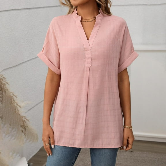 QUNYINEY V Neck Trendy Tops for Women 2025 Solid Casual Short Sleeve Shirts Loose Pullover Hem Slit Tops