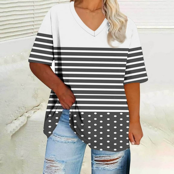 QUNYINEY V Neck Women Shirts Striped Short Sleeve Casual Tops Loose Plus Size Summer Pullover Women Tops