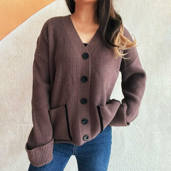 QUNYINEY V Neck Women Sweaters Cardigan Long Sleeve Button Down Solid Blouses Casual with Pockets Knit Loose Fit Fit Womens Tops