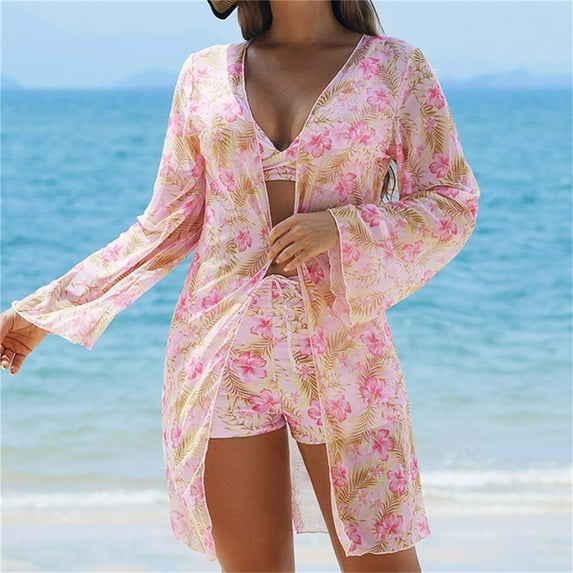 QUNYINEY V Neck Women Swimsuits Spaghetti Straps Hawaiian Bikinis Bathing Suit Three Piece High Waisted Swimsuit Sets