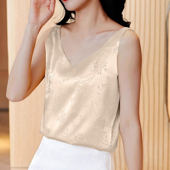 QUNYINEY V Neck Women Tank Tops Sleeveless Camisole Floral Casual Tops Loose Soft Satin Tank Tops
