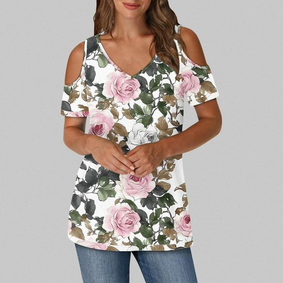 QUNYINEY V Neck Women Tops Pullover Casual Cold Shoulder Floral Shirts Short Sleeve Loose Shirts for Women Trendy