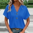 thumbnail image 1 of QUNYINEY V Neck Women's Shirts Casual Short Sleeve Solid Tops Button Loose Cotton Linen Pullover Women Tops, 1 of 6